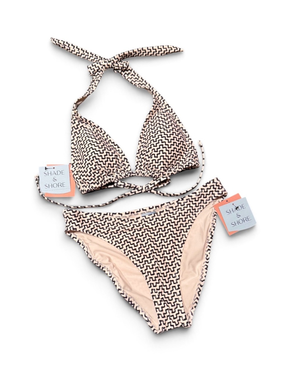 Shade & Shore Black and Cream Geometric Triangle Bikini